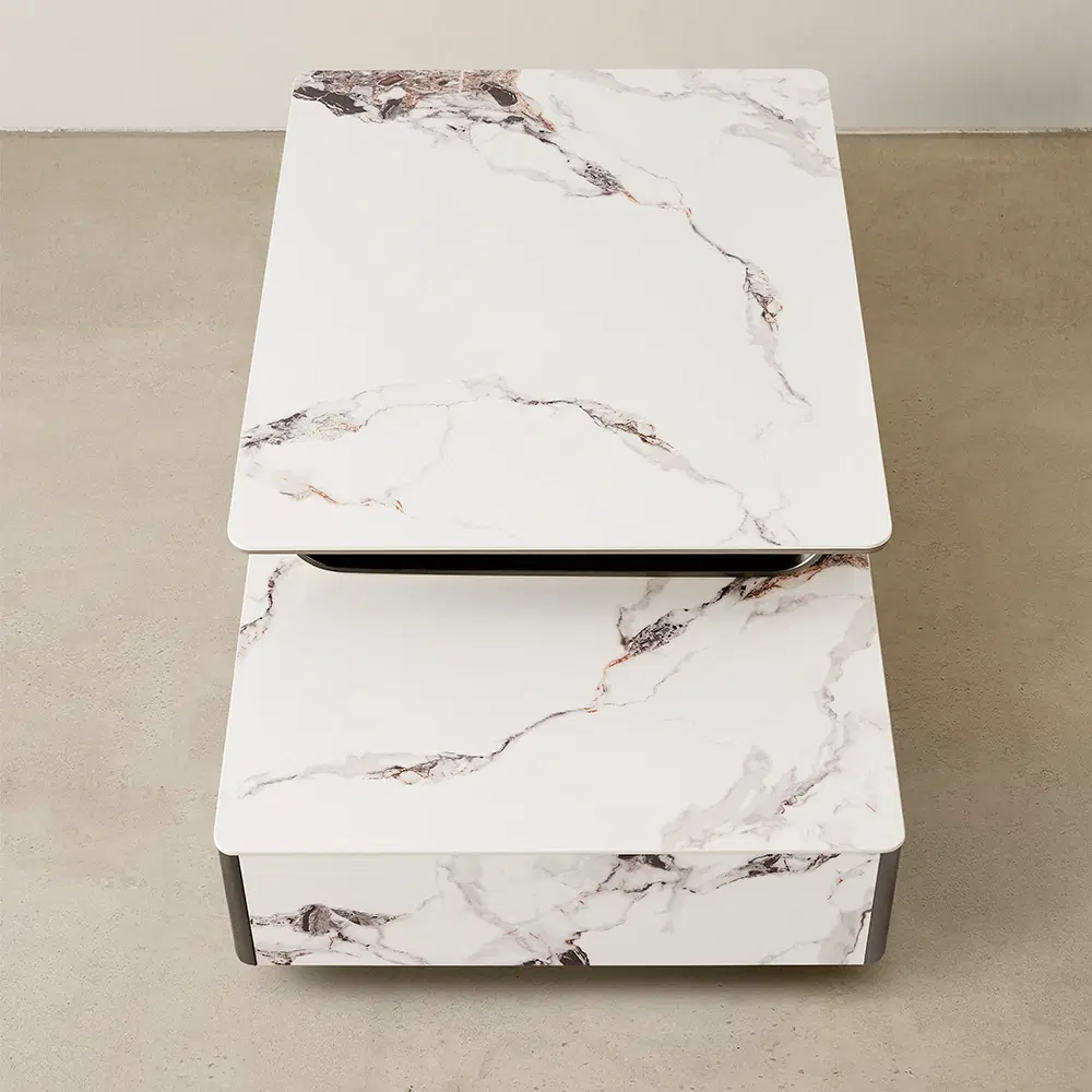 Marbella 2-Layered Cold Calacatta White Sintered Stone Coffee Table - Black Nickel Frame