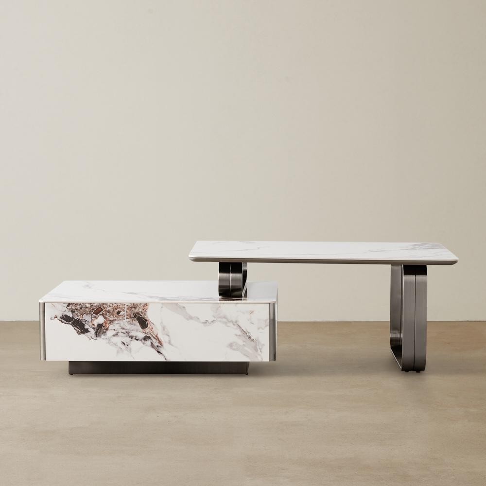 Marbella 2-Layered Cold Calacatta White Sintered Stone Coffee Table - Black Nickel Frame