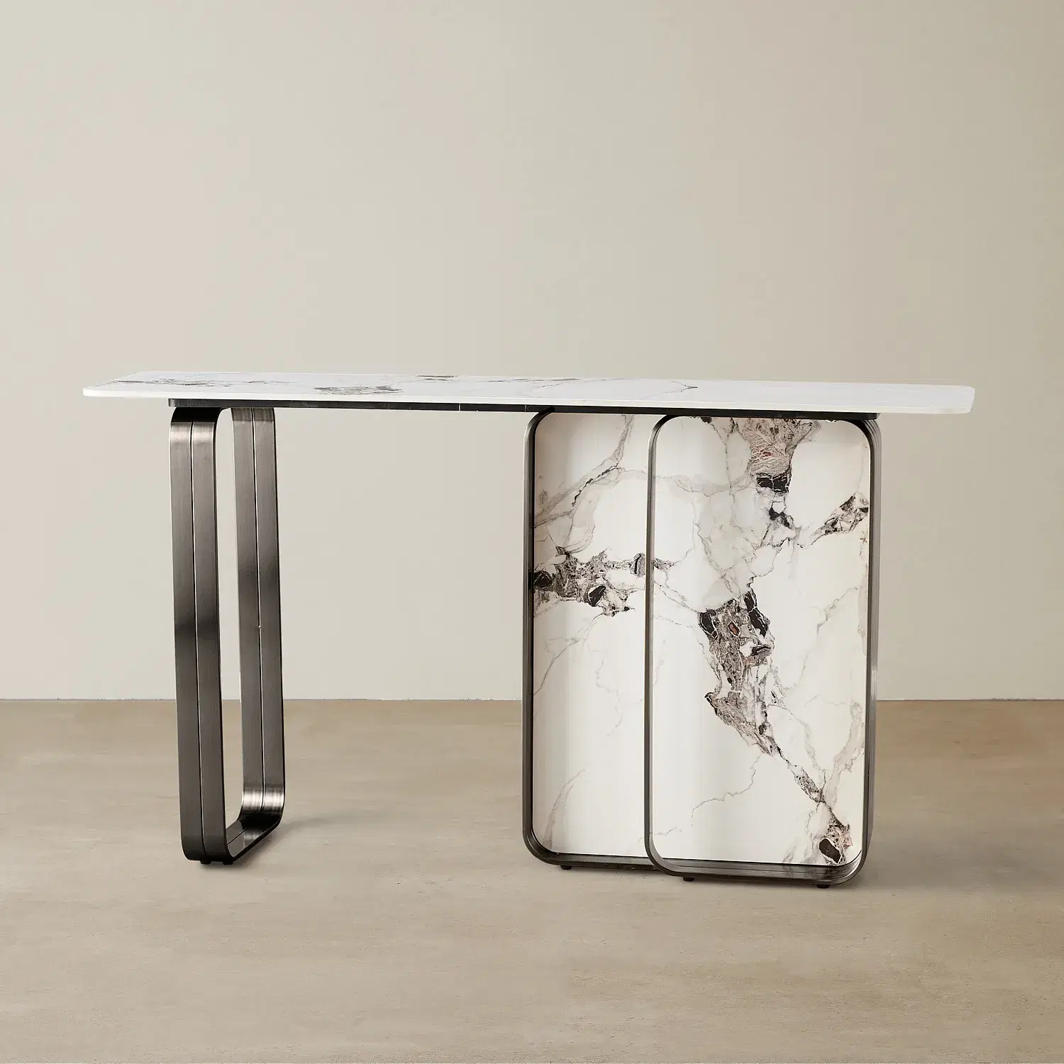 Marbella Cold Calacatta White Sintered Stone Console Table - Black Nickel Frame