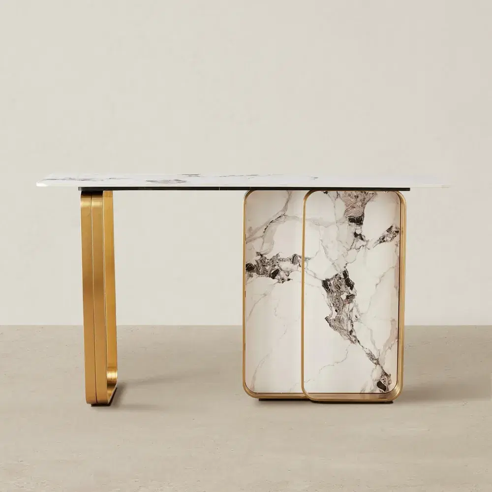 Marbella II Cold Calacatta White Sintered Stone Console Table - Brushed Gold Frame