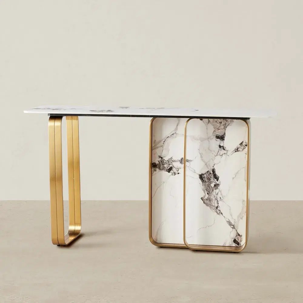 Marbella II Cold Calacatta White Sintered Stone Console Table - Brushed Gold Frame