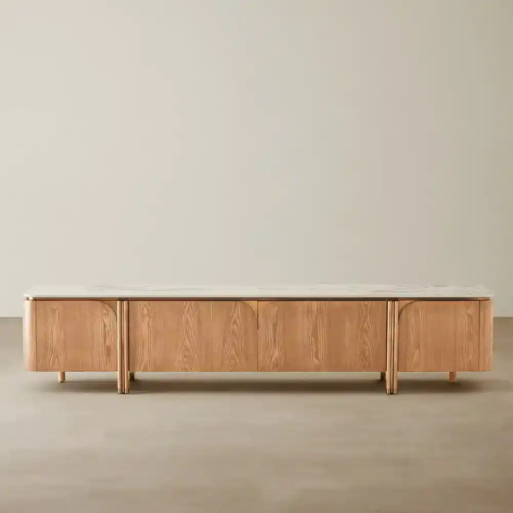 Portobello Light Brown Ash Veneer Entertainment Unit - Pandora Brown Sintered Stone Top