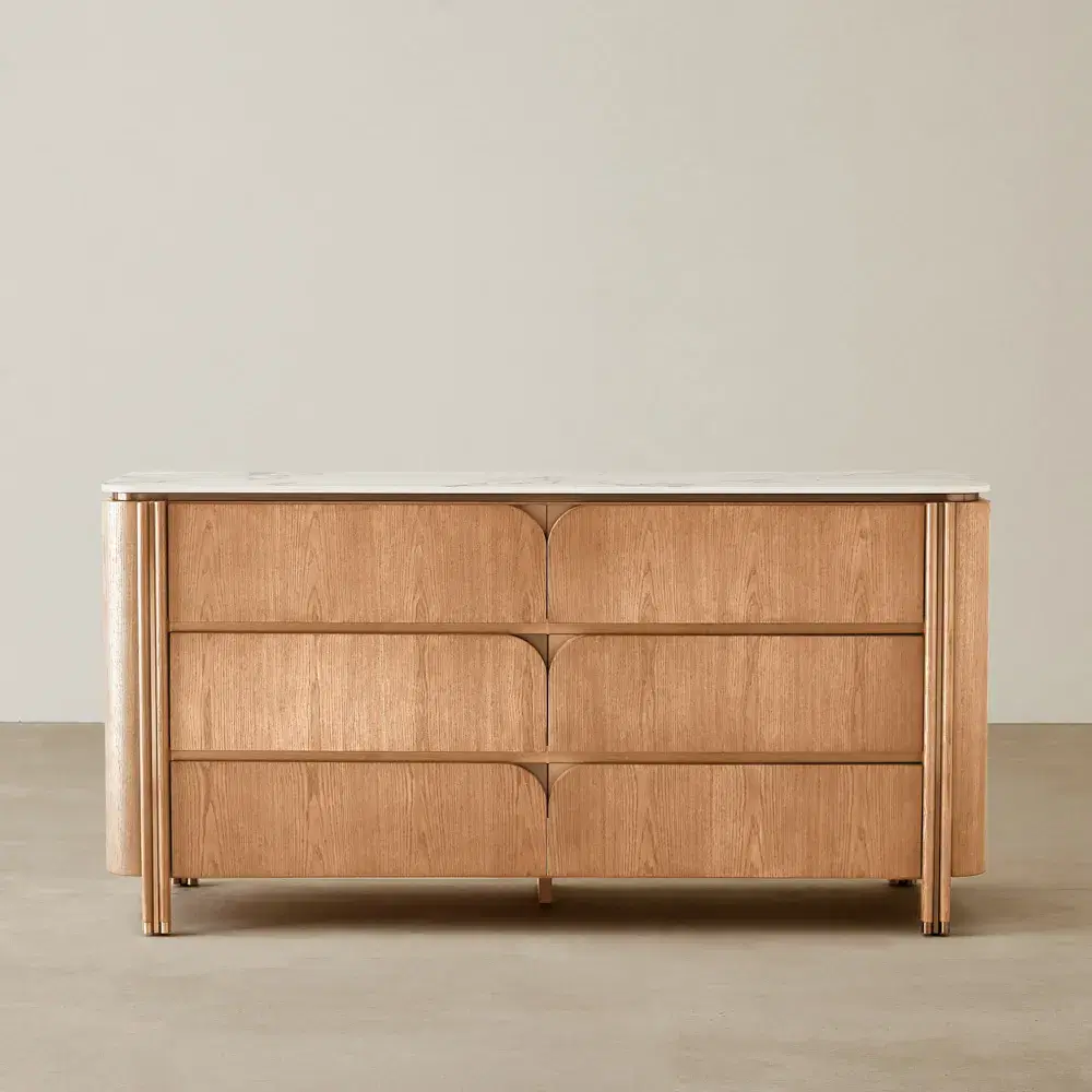 Portobello Light Brown Ash Veneer Dresser - Pandora Brown Sintered Stone Top