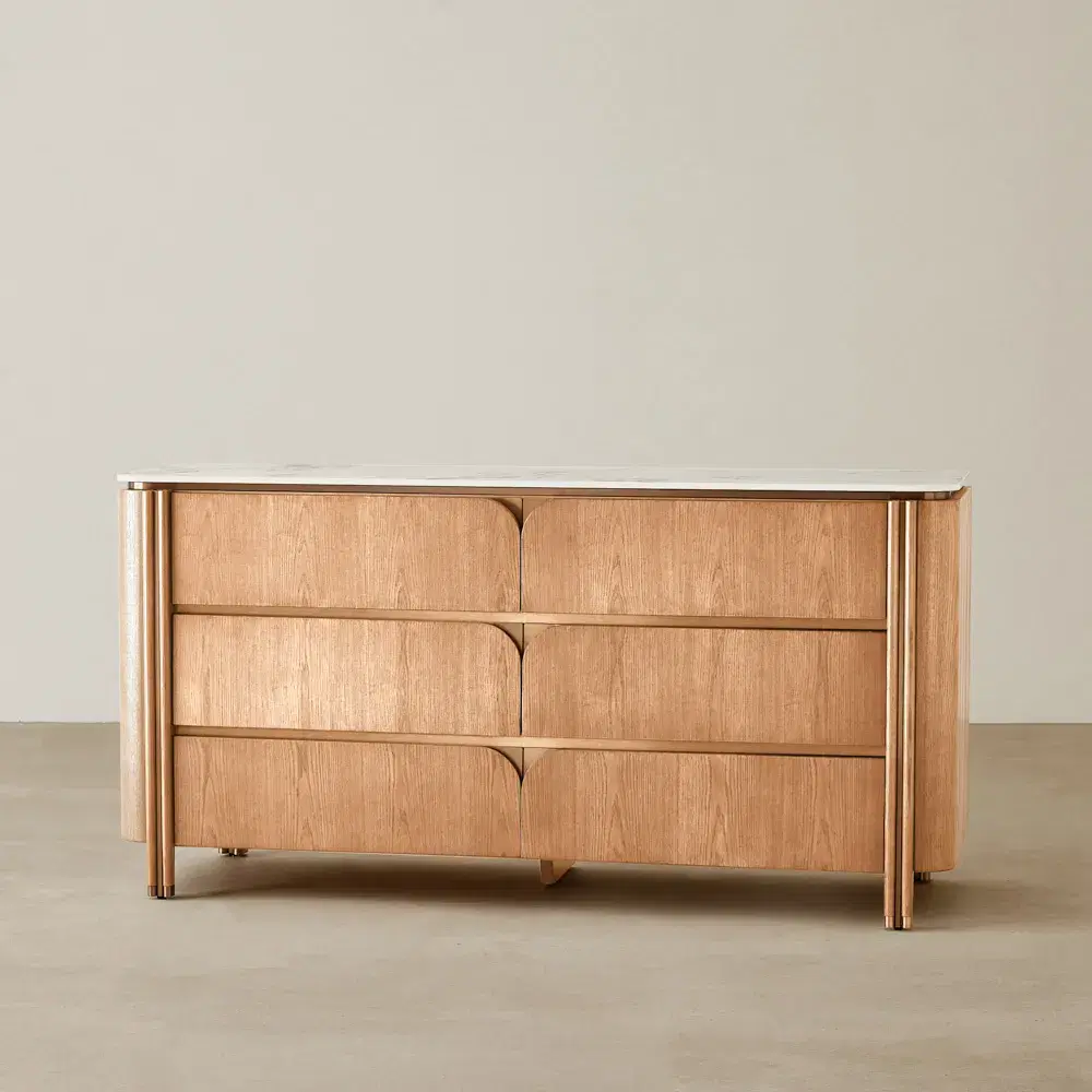 Portobello Light Brown Ash Veneer Dresser - Pandora Brown Sintered Stone Top