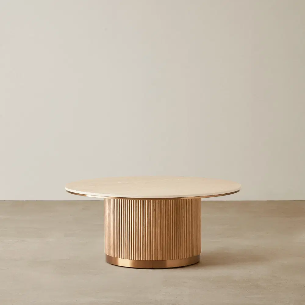 	San Pierre Light Brown Ash Veneer Coffee Table High - Travertine Finish Sintered Stone Top