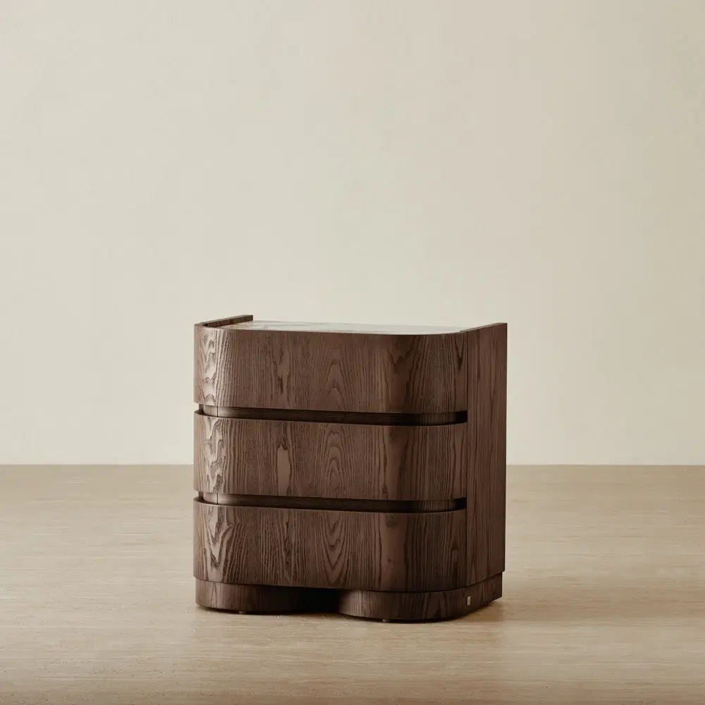 Terzetto Pandora Brown Sintered Stone 3-Drawer Bedside Table - Dark Brown Wood