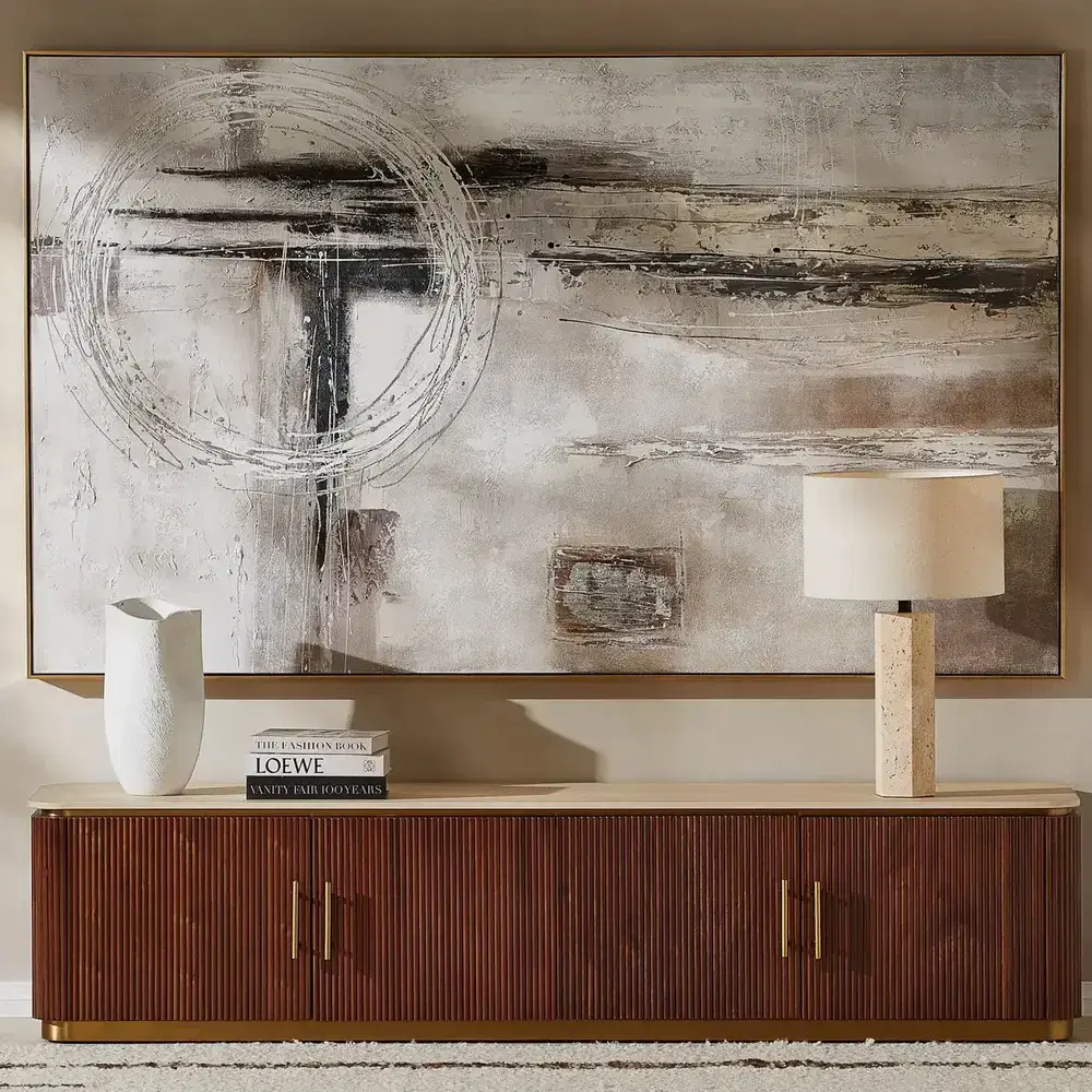 San Pierre Walnut Veneer Entertainment Unit - Travertine Finish Sintered Stone Top