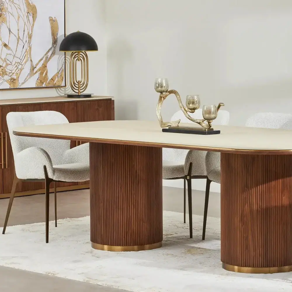 San Pierre Walnut Veneer Dining Table - Two Legs - Travertine Finish Sintered Stone Top 240x120cm