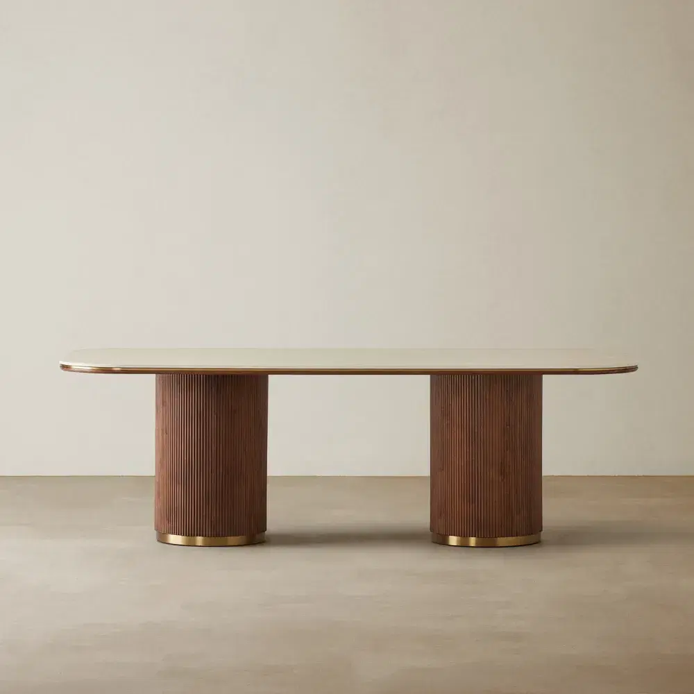 San Pierre Walnut Veneer Dining Table - Two Legs - Travertine Finish Sintered Stone Top 240x120cm