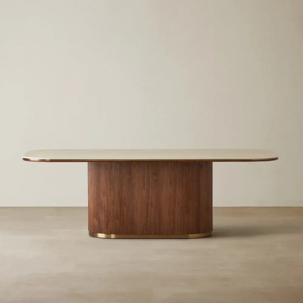 San Pierre Walnut Veneer Dining Table - Single Leg - Travertine Finish Sintered Stone Top 240x120cm