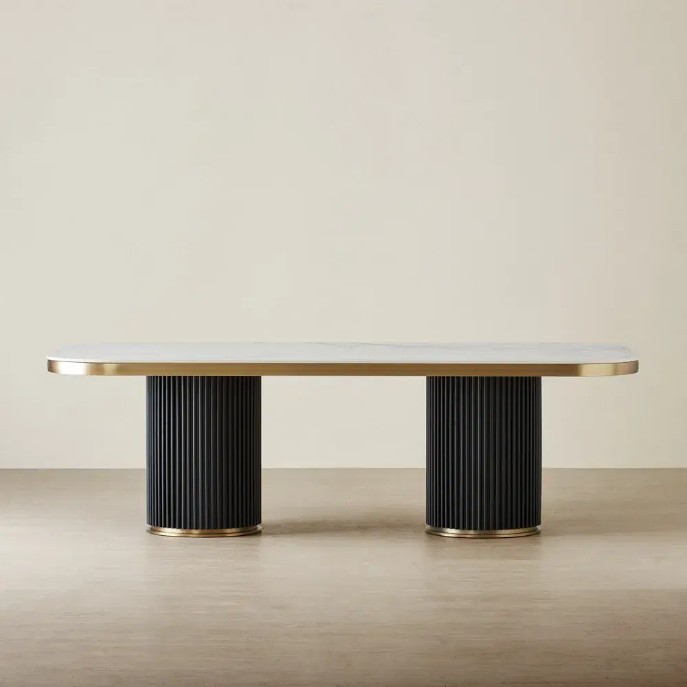 Archie Statuario White Sintered Stone Curved Dining Table - Matte Black Legs 240x118cm