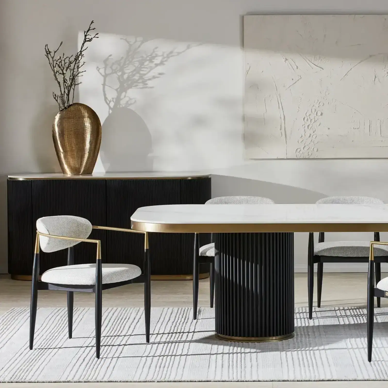 Archie Statuario White Sintered Stone Curved Dining Table - Matte Black Legs 240x118cm