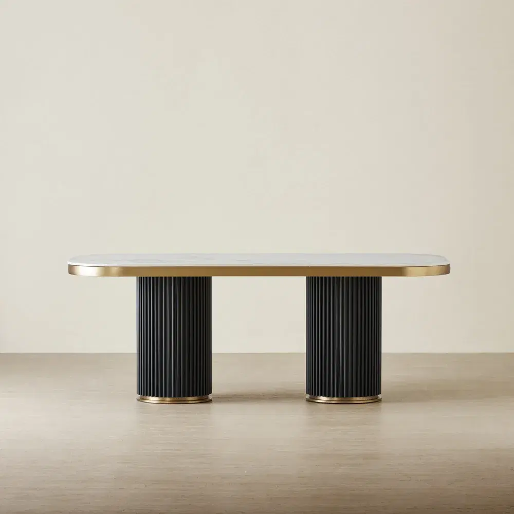 Archie Statuario White Sintered Stone Curved Dining Table - Matte Black Legs 200x100cm
