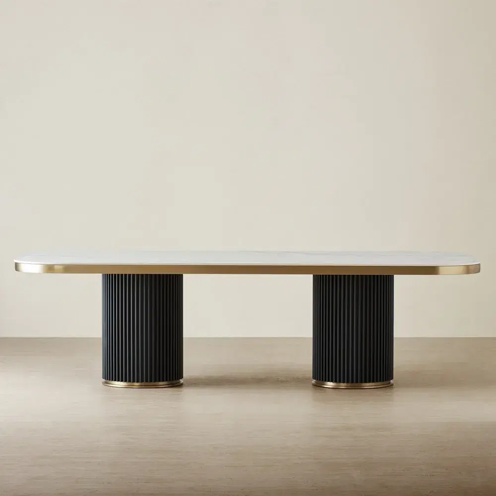 Archie Statuario White Sintered Stone Curved Dining Table - Matte Black Legs 268x118cm