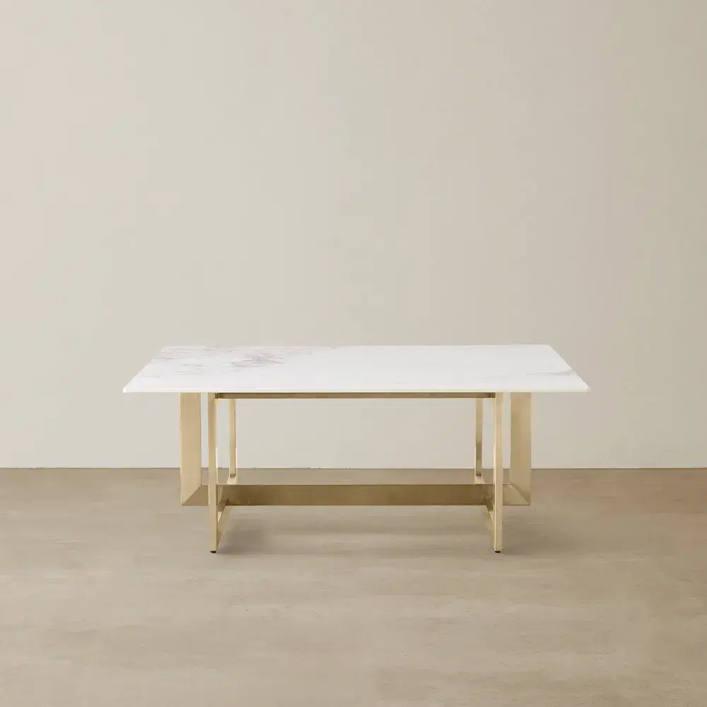 Dianne White Grey-Streaked Sintered Stone Coffee Table - Brushed Champagne Gold Stainless Steel Frame