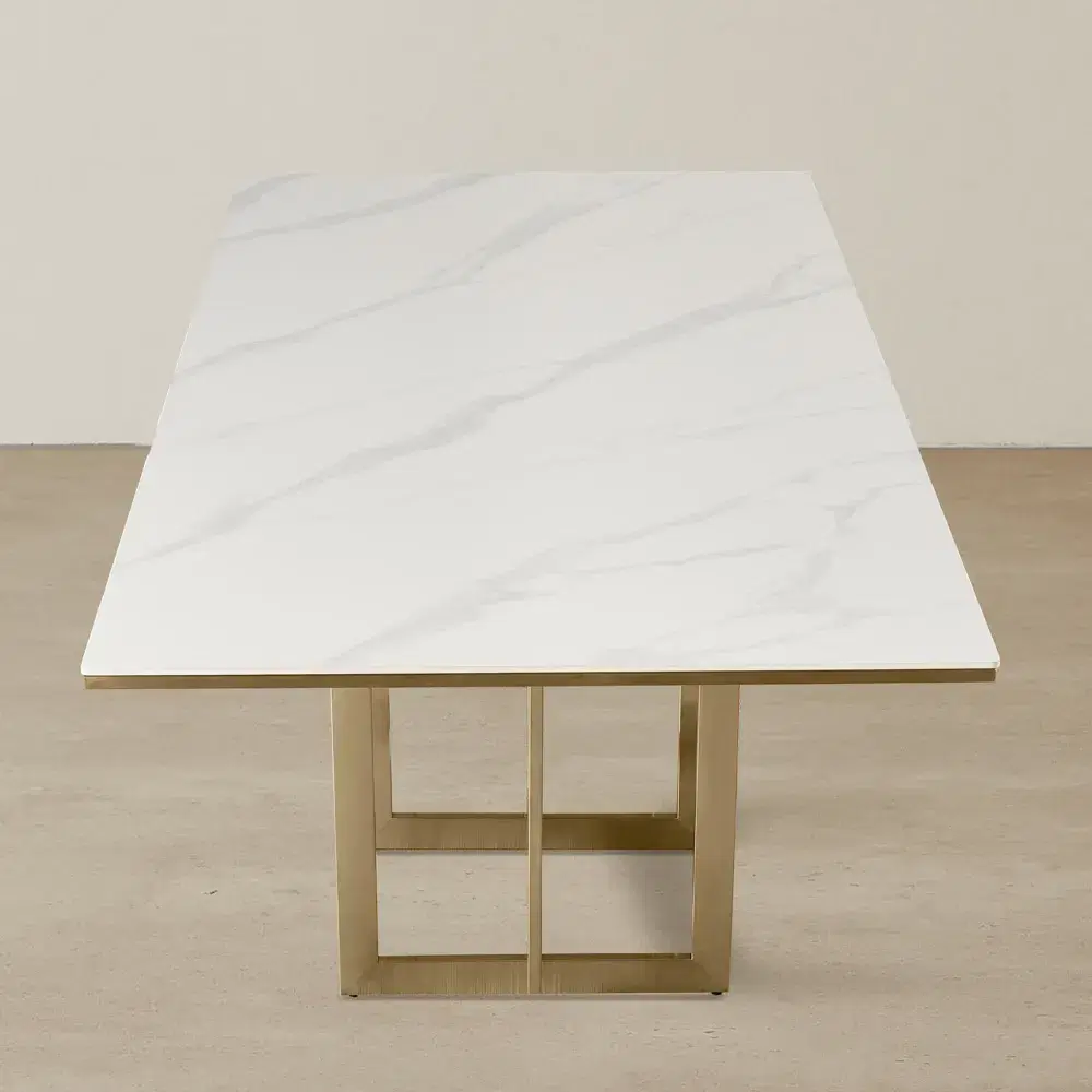 Maia White Sintered Stone Dining Table - Brushed Champagne Gold Stainless Steel Legs 240x120cm