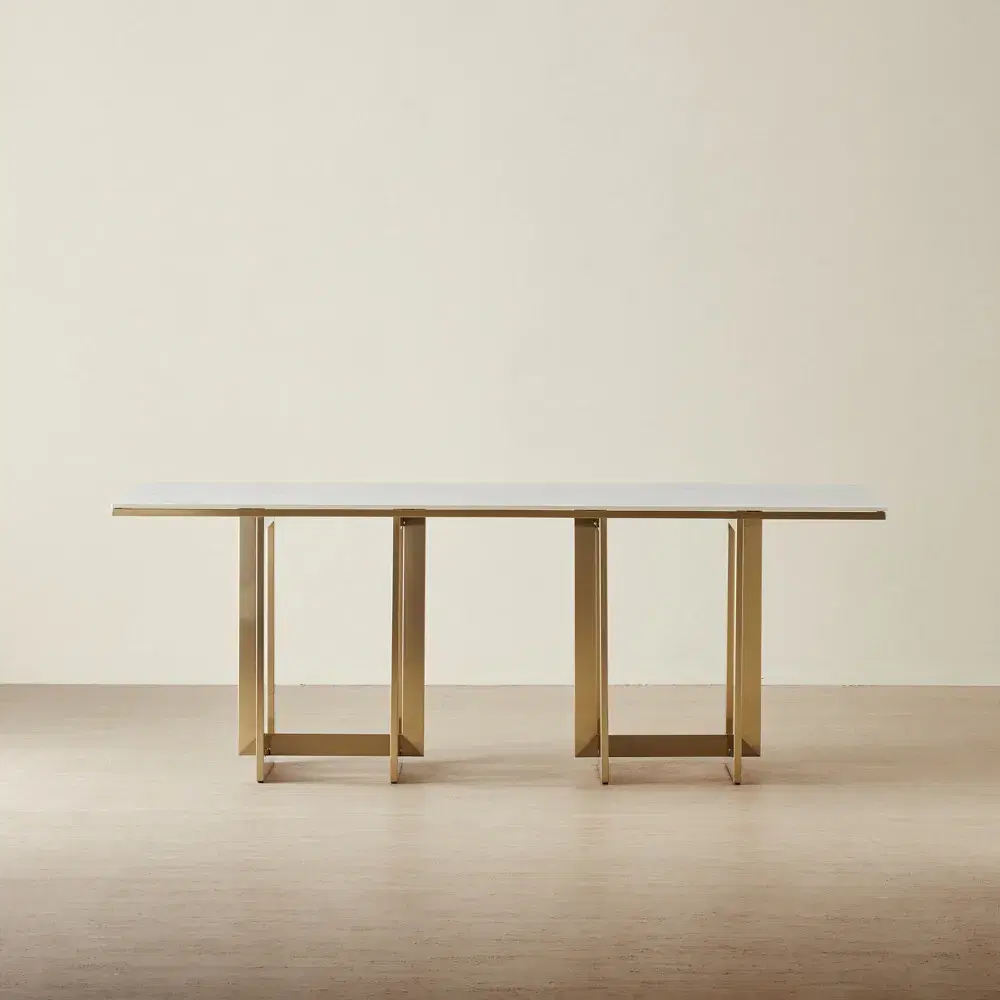 Maia White Sintered Stone Dining Table - Brushed Champagne Gold Stainless Steel Legs 200x100cm
