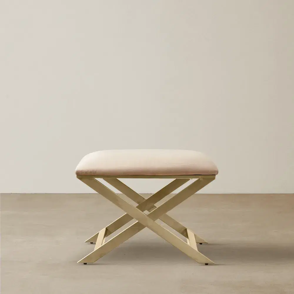 Elle Beige Velvet Ottoman - Brushed Champagne Gold Stainless Steel Legs