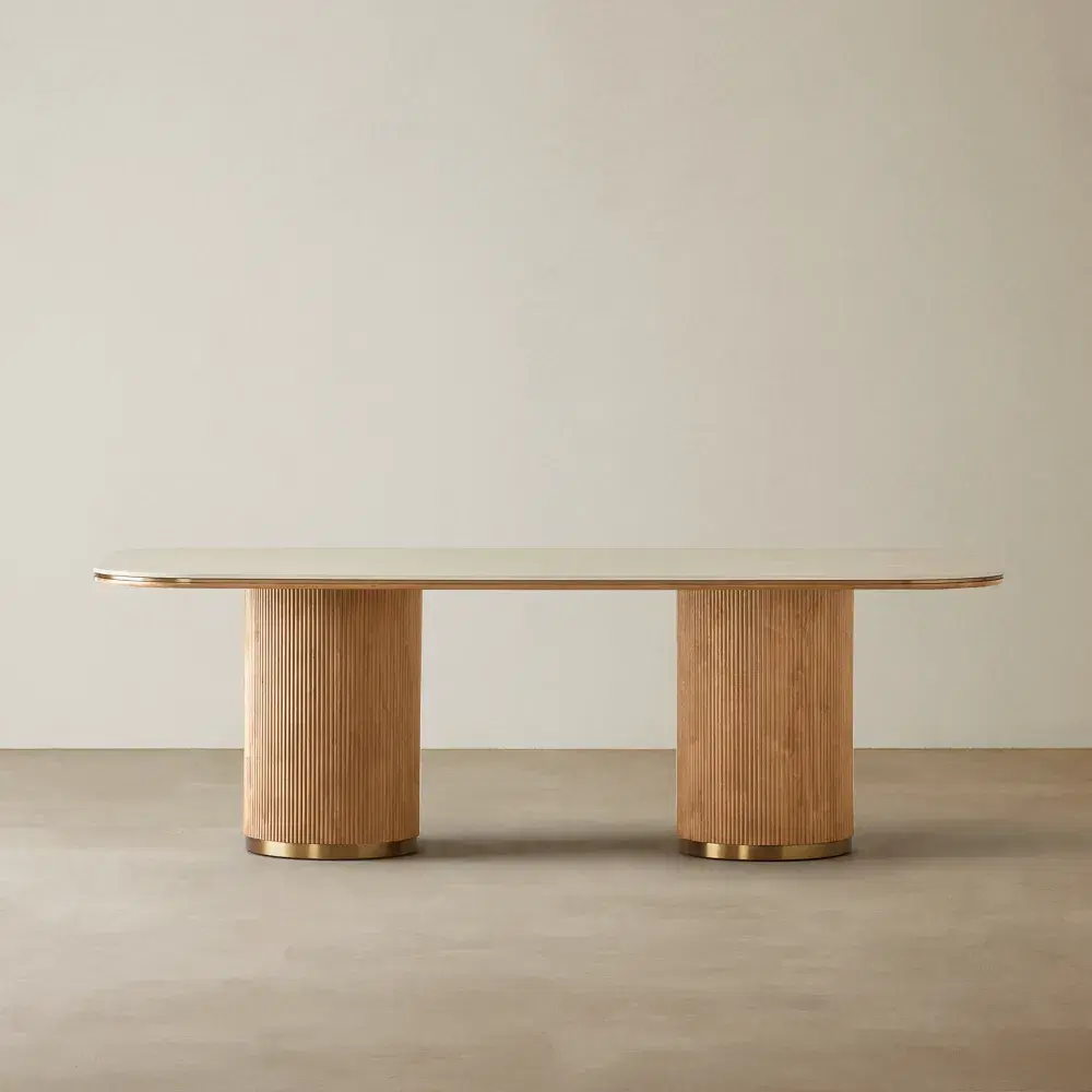 San Pierre Light Brown Ash Veneer Dining Table - Two Legs - Travertine Finish Sintered Stone Top 240x120cm
