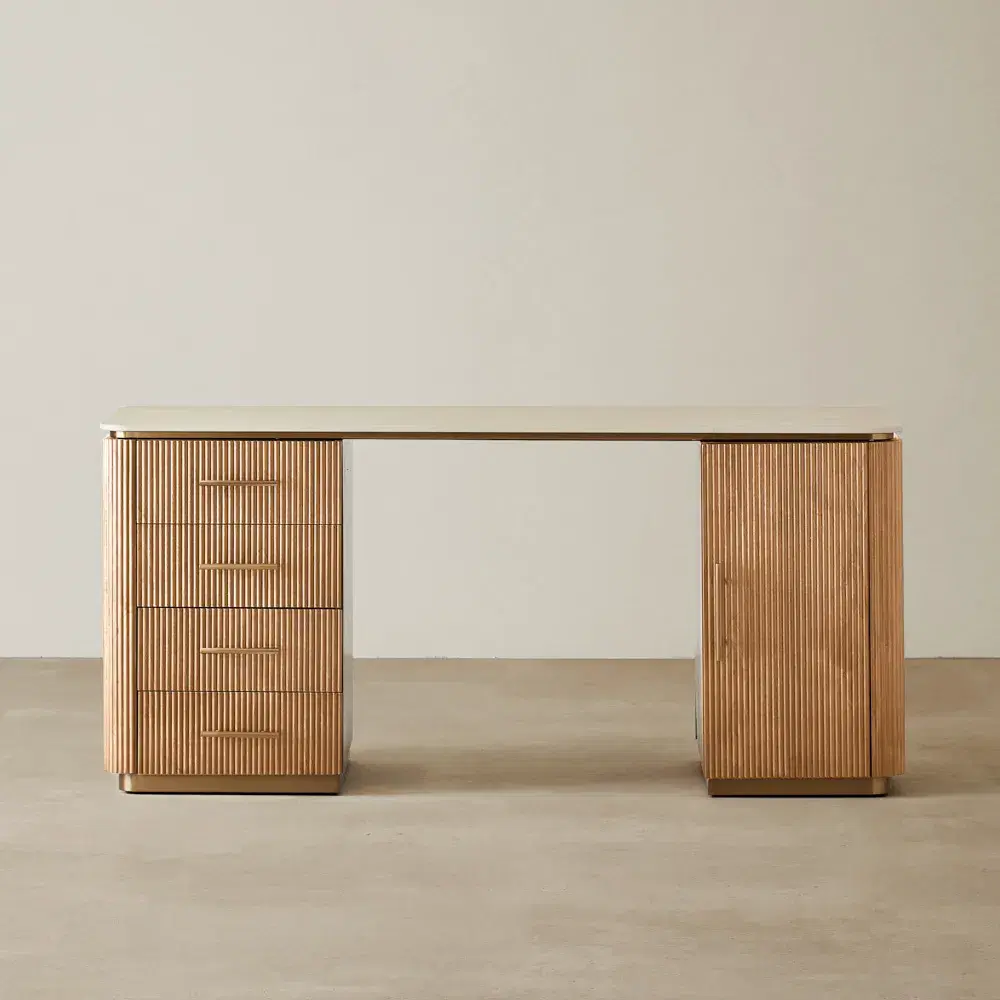 San Pierre Light Brown Ash Veneer Study Desk - Travertine Finish Sintered Stone Top