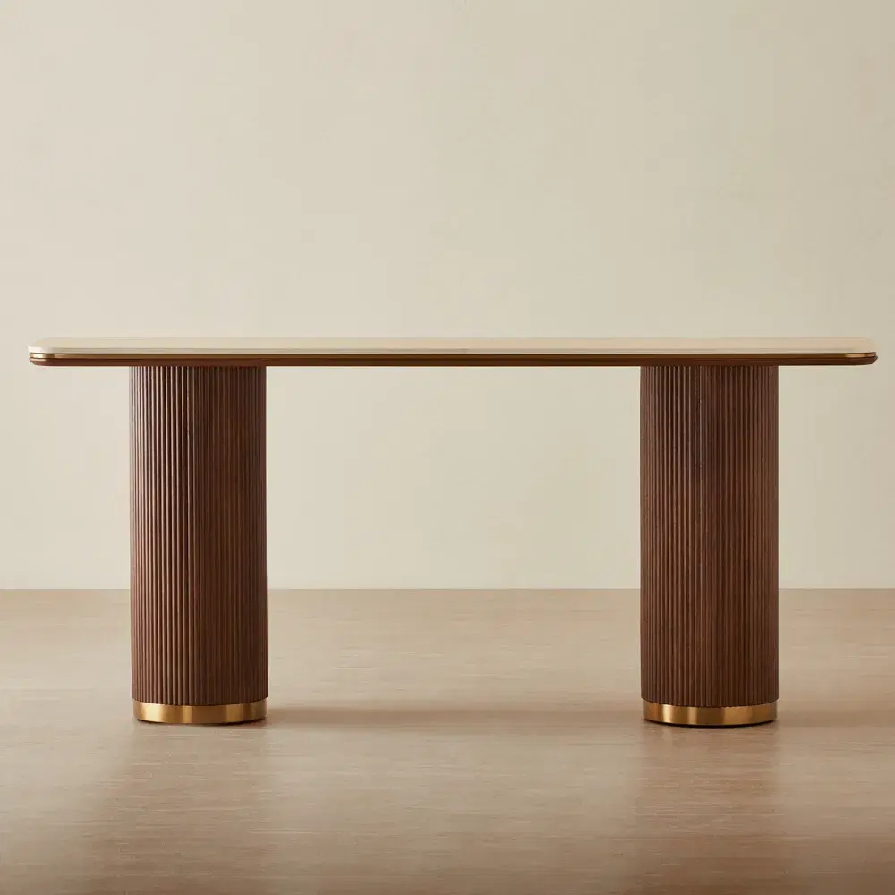 San Pierre Walnut Veneer Console Table - Two Legs - Travertine Finish Sintered Stone Top