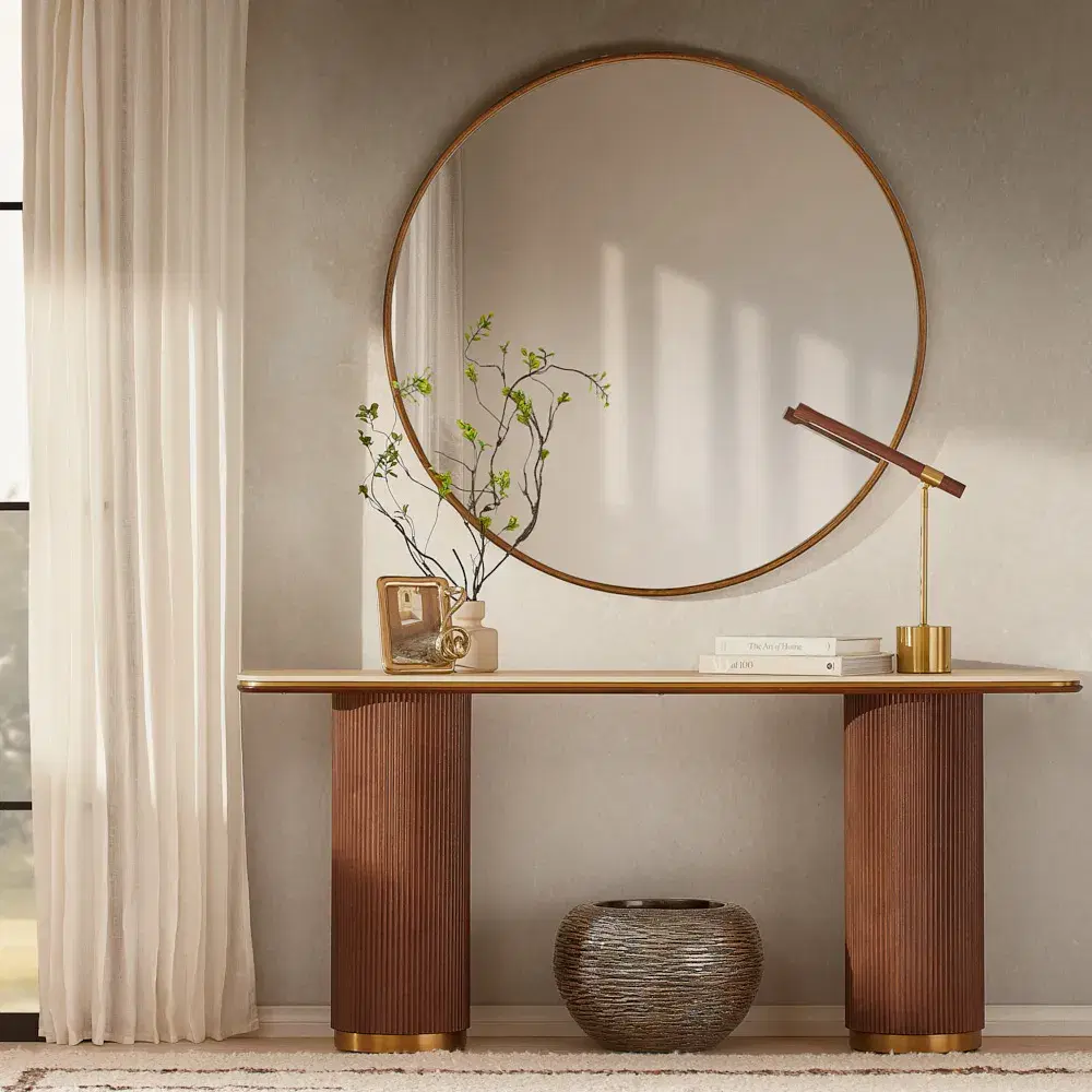 San Pierre Walnut Veneer Console Table - Two Legs - Travertine Finish Sintered Stone Top