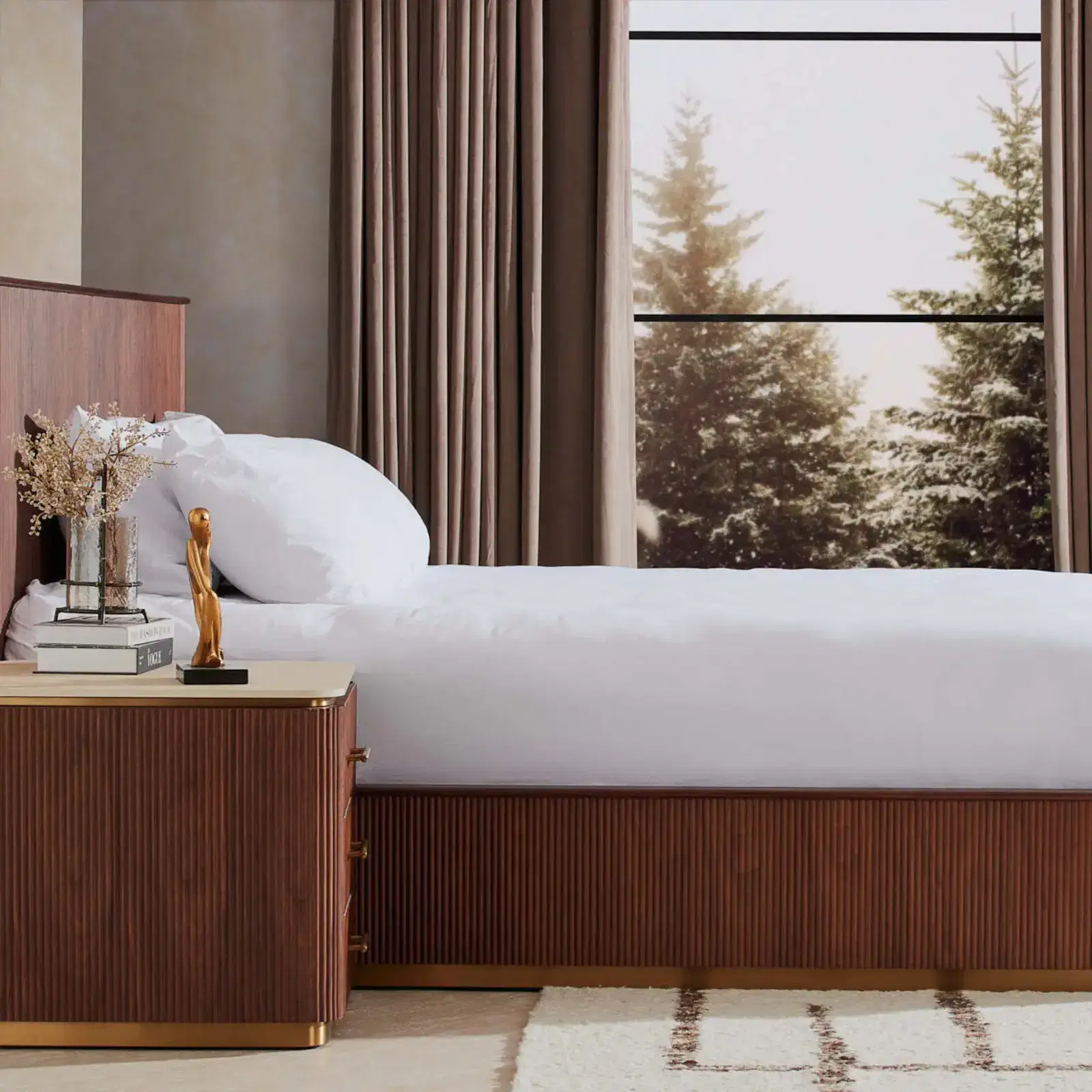 San Pierre Walnut Veneer Bedside Table - Travertine Finish Sintered Stone Top