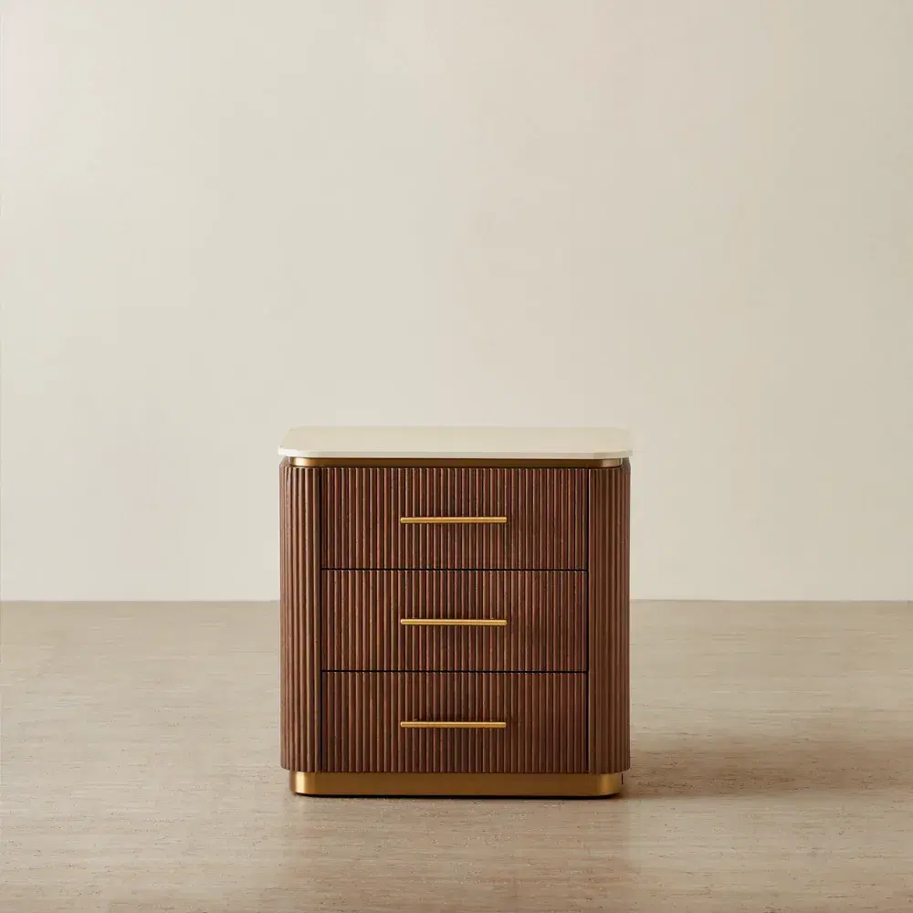 San Pierre Walnut Veneer Bedside Table - Travertine Finish Sintered Stone Top