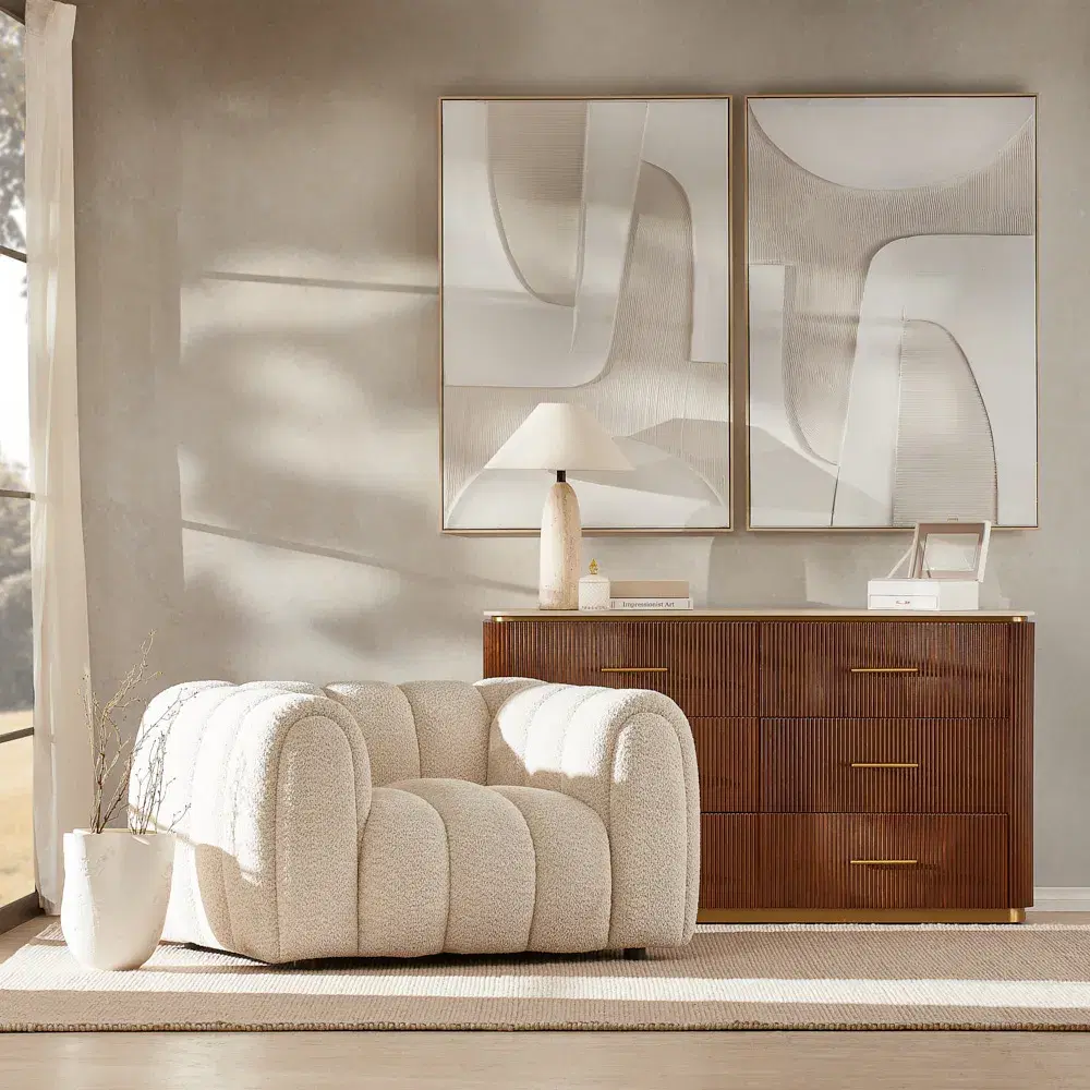 San Pierre Walnut Veneer Dresser - Travertine Finish Sintered Stone Top