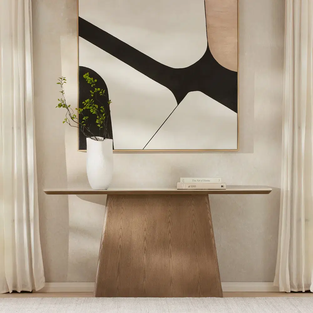 	Dunstan Calacatta Viola Sintered Stone Console Table - Medium Brown Wooden Legs