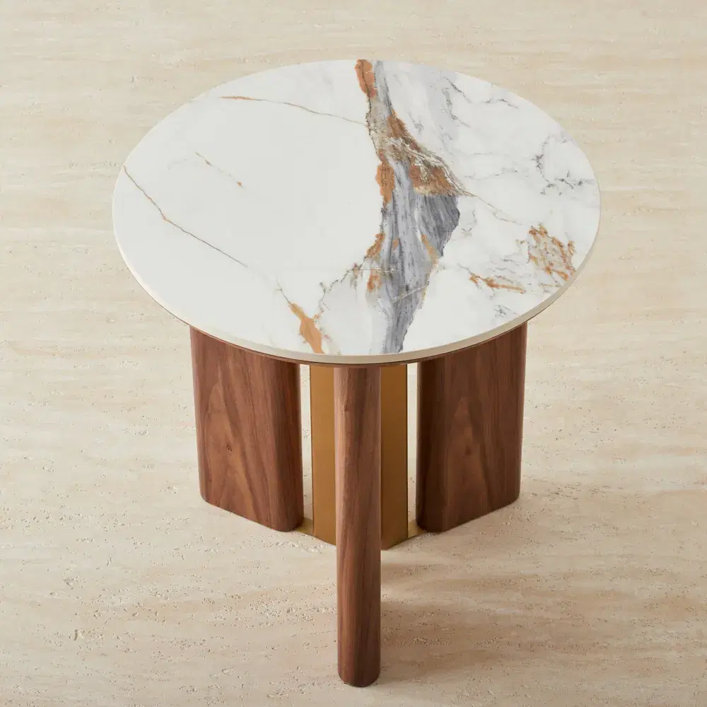 Sir Lionell Gliding White Sintered Stone Side Table - Walnut Brown Wooden Legs