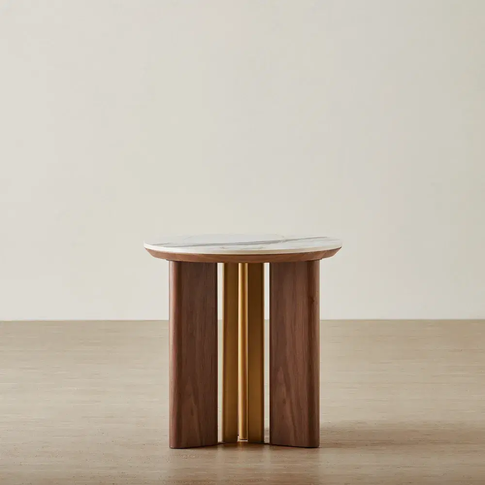 Sir Lionell Gliding White Sintered Stone Side Table - Walnut Brown Wooden Legs