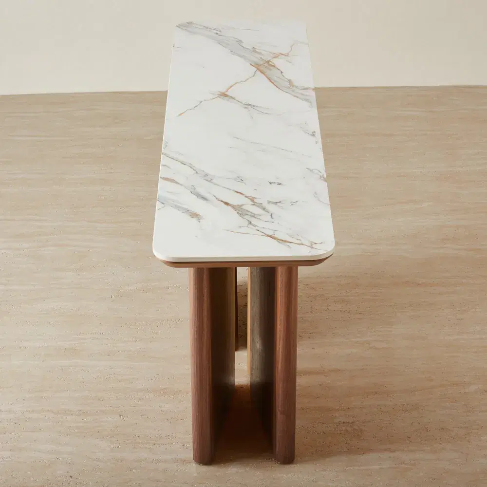 Sir Lionell Gliding White Sintered Stone Console Table - Walnut Brown Wooden Legs