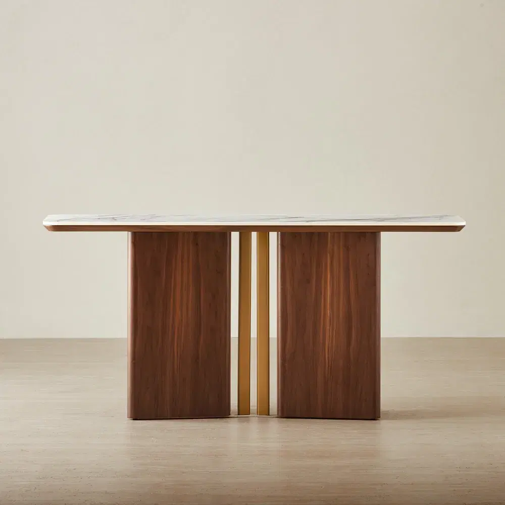 Sir Lionell Gliding White Sintered Stone Console Table - Walnut Brown Wooden Legs