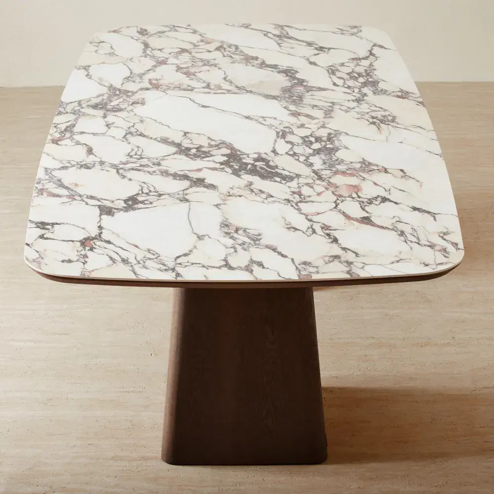 Dunstan Calacatta Viola Sintered Stone Rectangular Dining Table - Amber Brown Wooden Legs