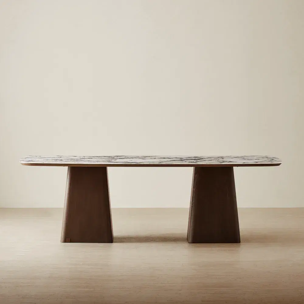 Dunstan Calacatta Viola Sintered Stone Rectangular Dining Table - Amber Brown Wooden Legs