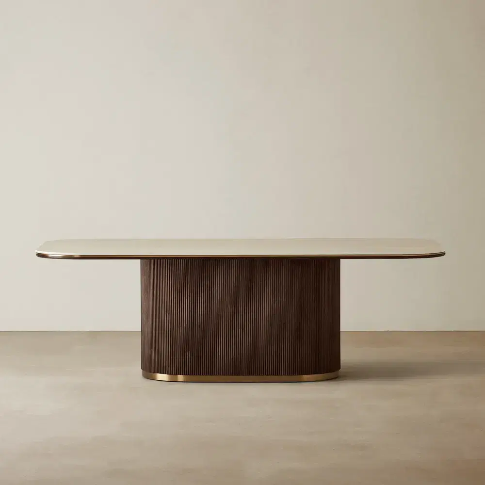 San Pierre Ebony Brown Ash Veneer Dining Table - Single Leg - Travertine Finish Sintered Stone Top 240x120cm