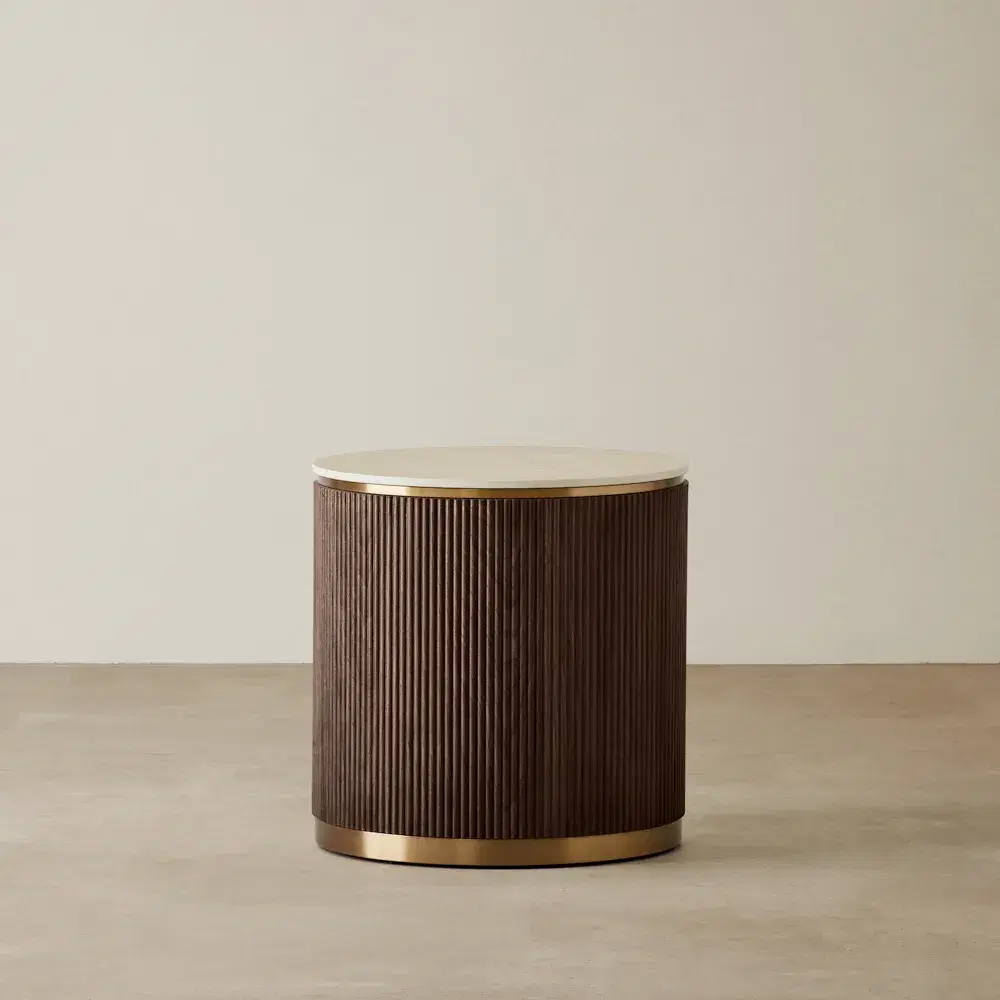 San Pierre Ebony Brown Ash Veneer Side Table - Travertine Finish Sintered Stone Top