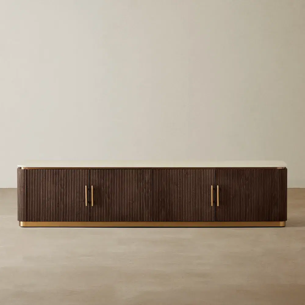 San Pierre Ebony Brown Ash Veneer Entertainment Unit - Travertine Finish Sintered Stone Top