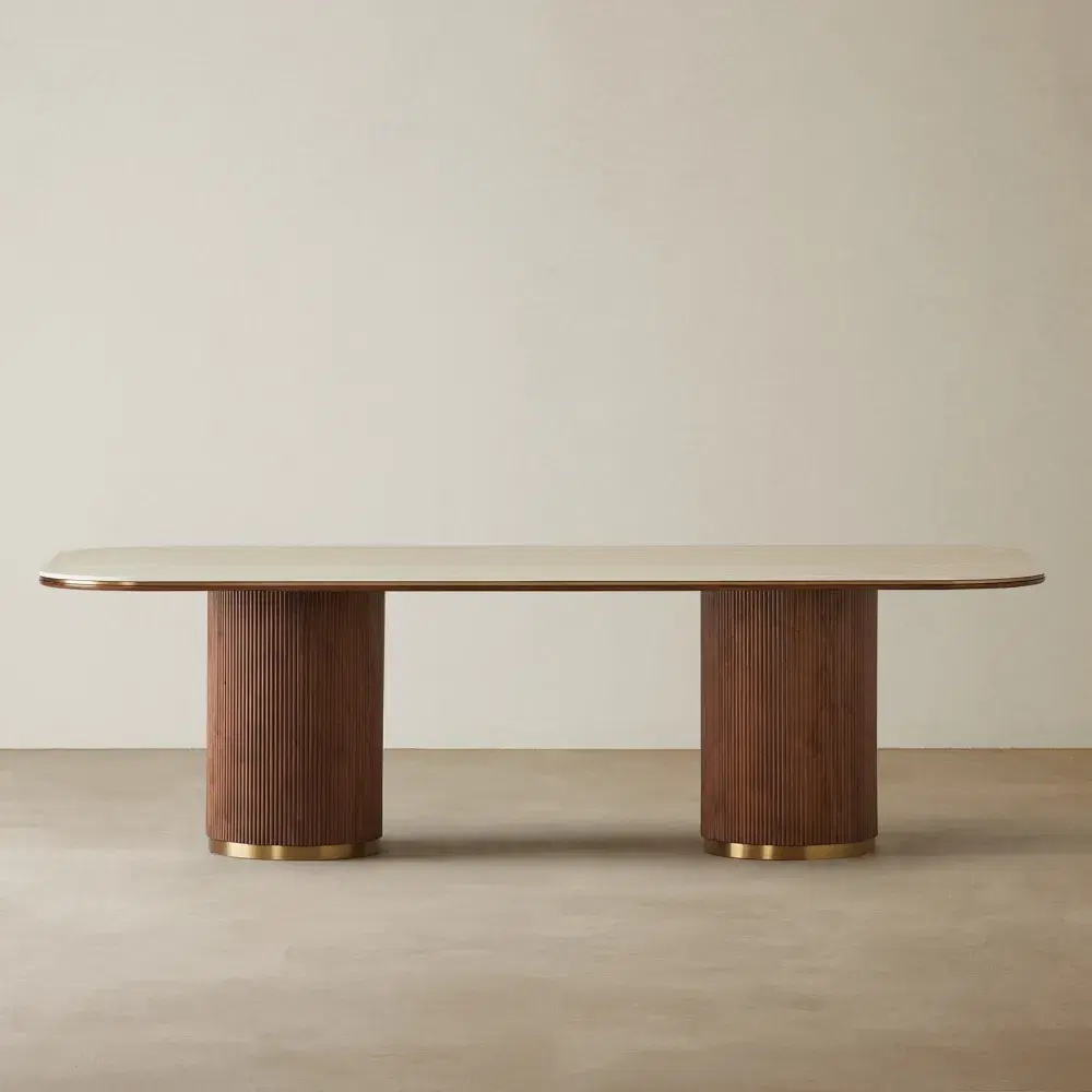 San Pierre Walnut Veneer Dining Table - Two Legs - Travertine Finish Sintered Stone Top 270x120cm