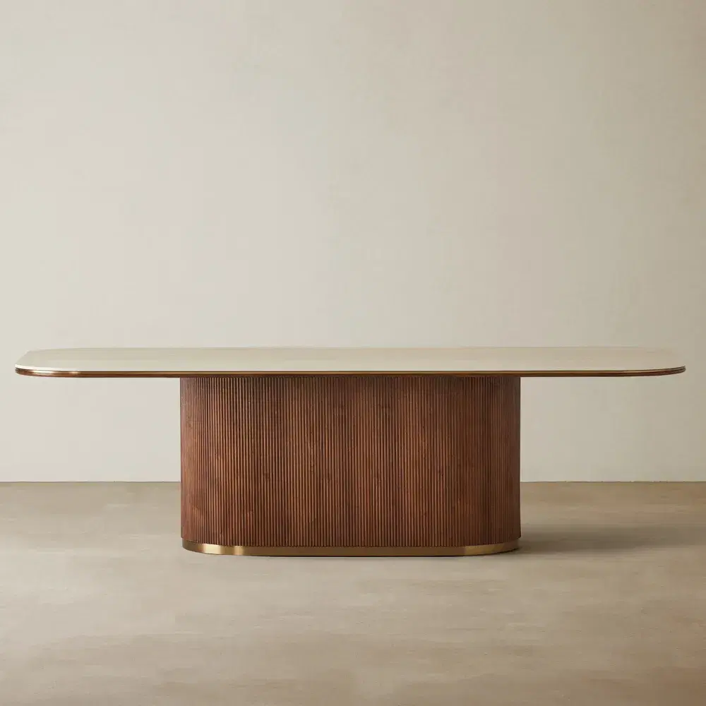 San Pierre Walnut Veneer Dining Table - Single Leg - Travertine Finish Sintered Stone Top 270x120cm
