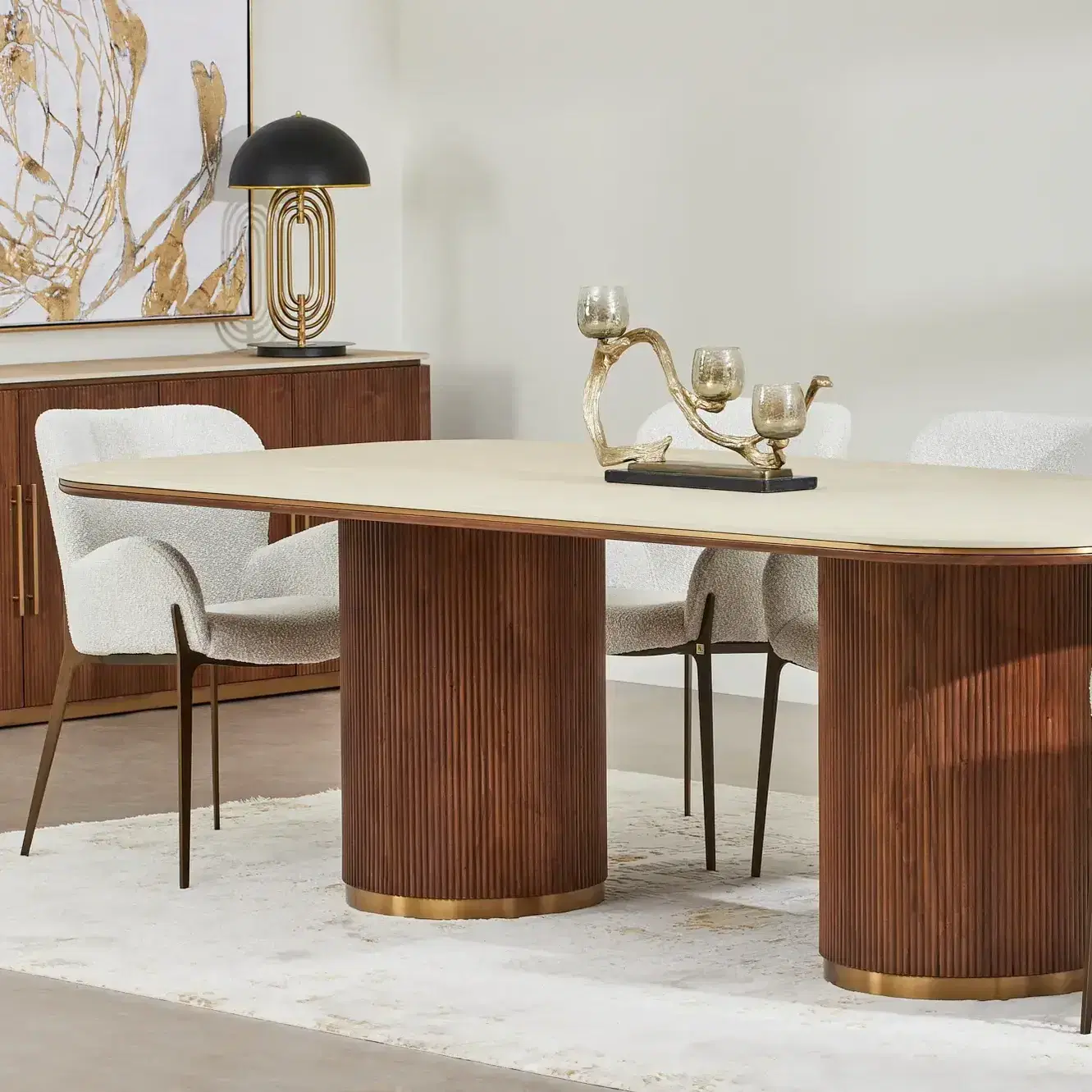 San Pierre Walnut Veneer Dining Table - Two Legs - Travertine Finish Sintered Stone Top 200x110cm