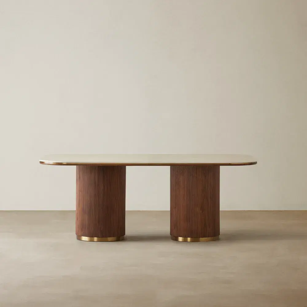 San Pierre Walnut Veneer Dining Table - Two Legs - Travertine Finish Sintered Stone Top 200x110cm
