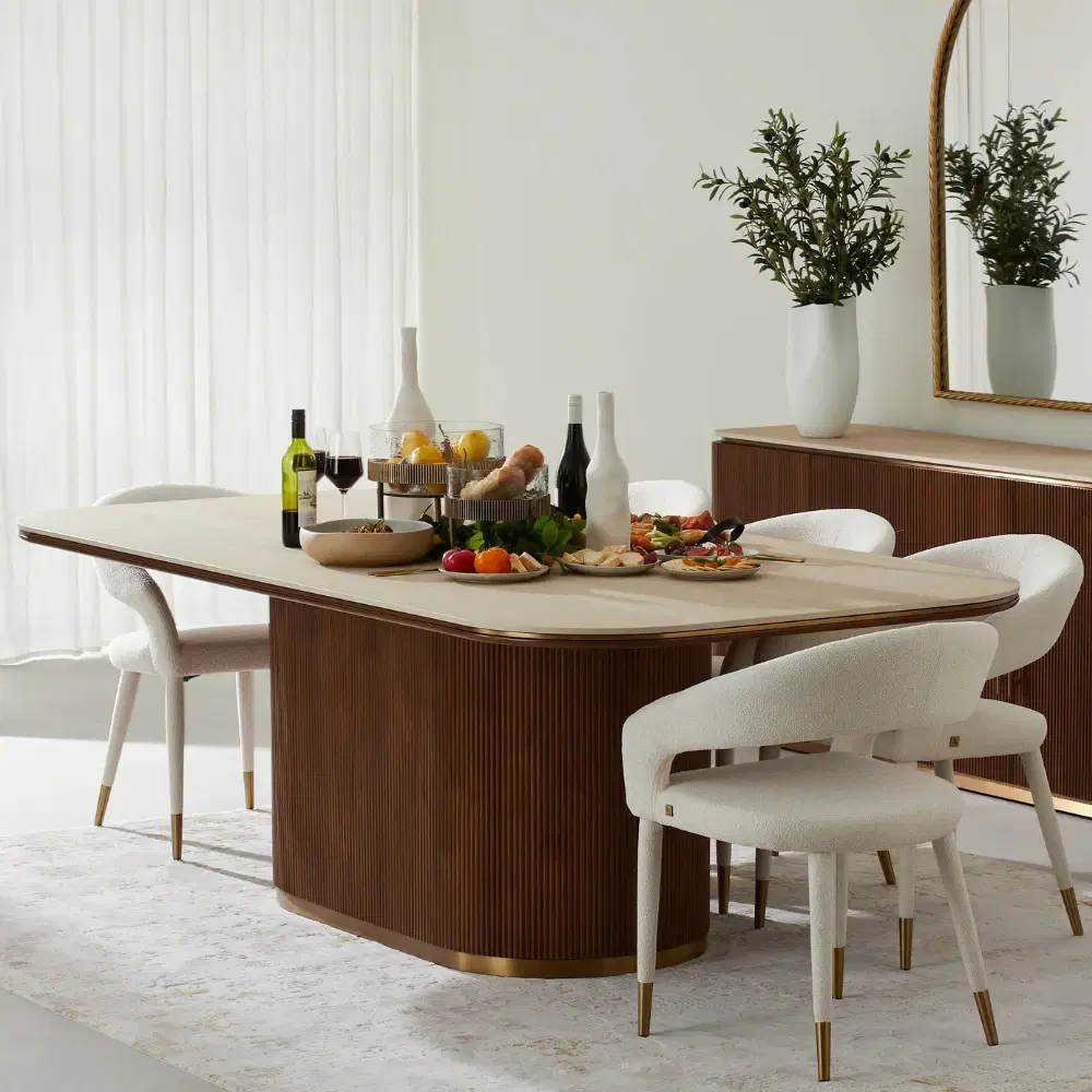 San Pierre Walnut Veneer Dining Table - Single Leg - Travertine Finish Sintered Stone Top 200x110cm