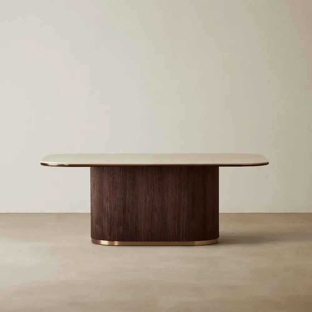 San Pierre Ebony Brown Ash Veneer Dining Table - Single Leg - Travertine Finish Sintered Stone Top 200x110cm