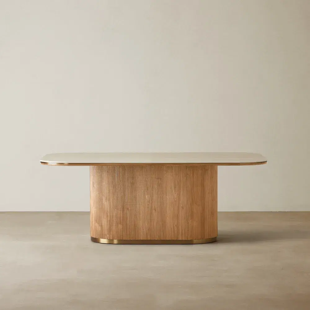 San Pierre Light Brown Ash Veneer Dining Table - Single Leg - Travertine Finish Sintered Stone Top 200x110cm