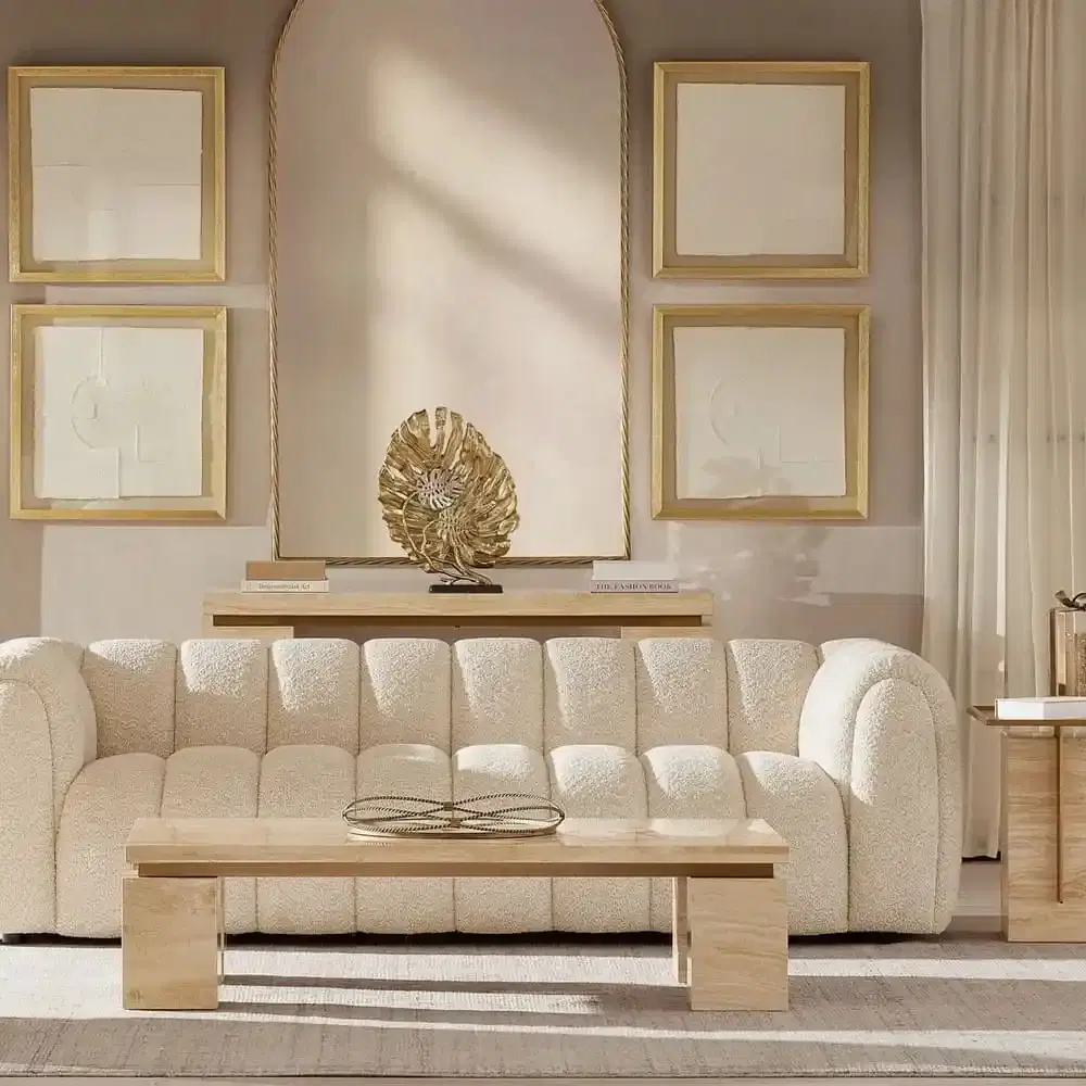 Gabriella Stone Cream 3-Seater Woven Fabric Sofa