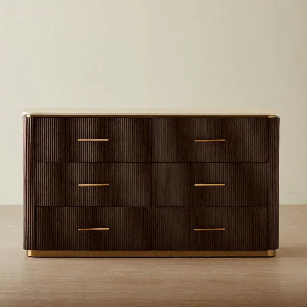 San Pierre Ebony Brown Ash Veneer Dresser - Travertine Finish Sintered Stone Top