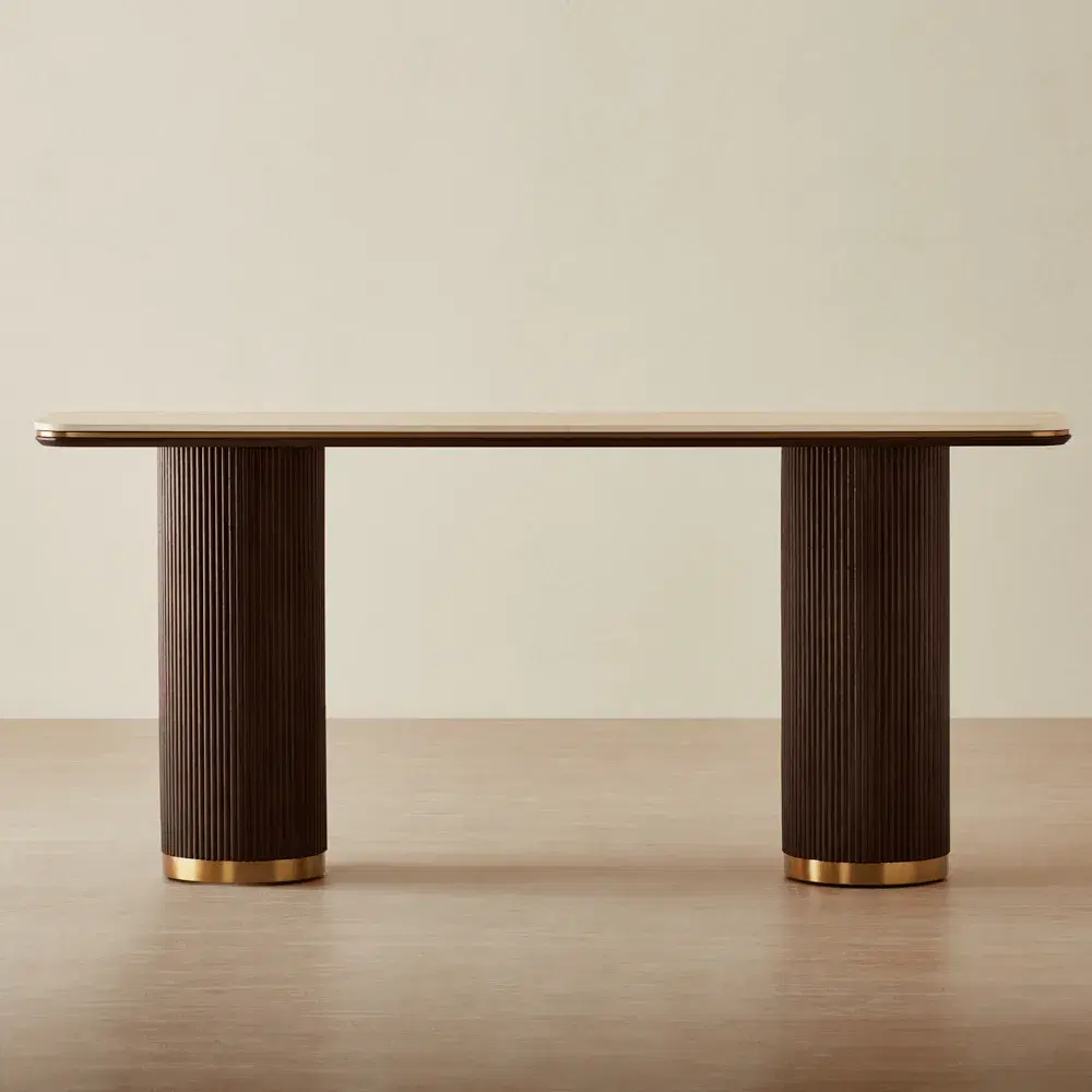 San Pierre Ebony Brown Ash Veneer Console Table - Two Legs - Travertine Finish Sintered Stone Top