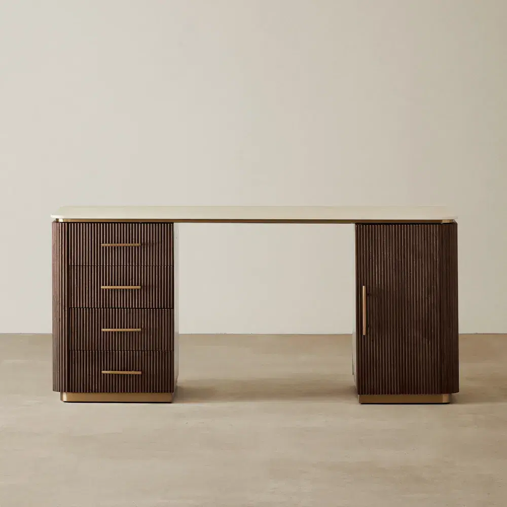 San Pierre Ebony Brown Ash Veneer Study Desk - Travertine Finish Sintered Stone Top